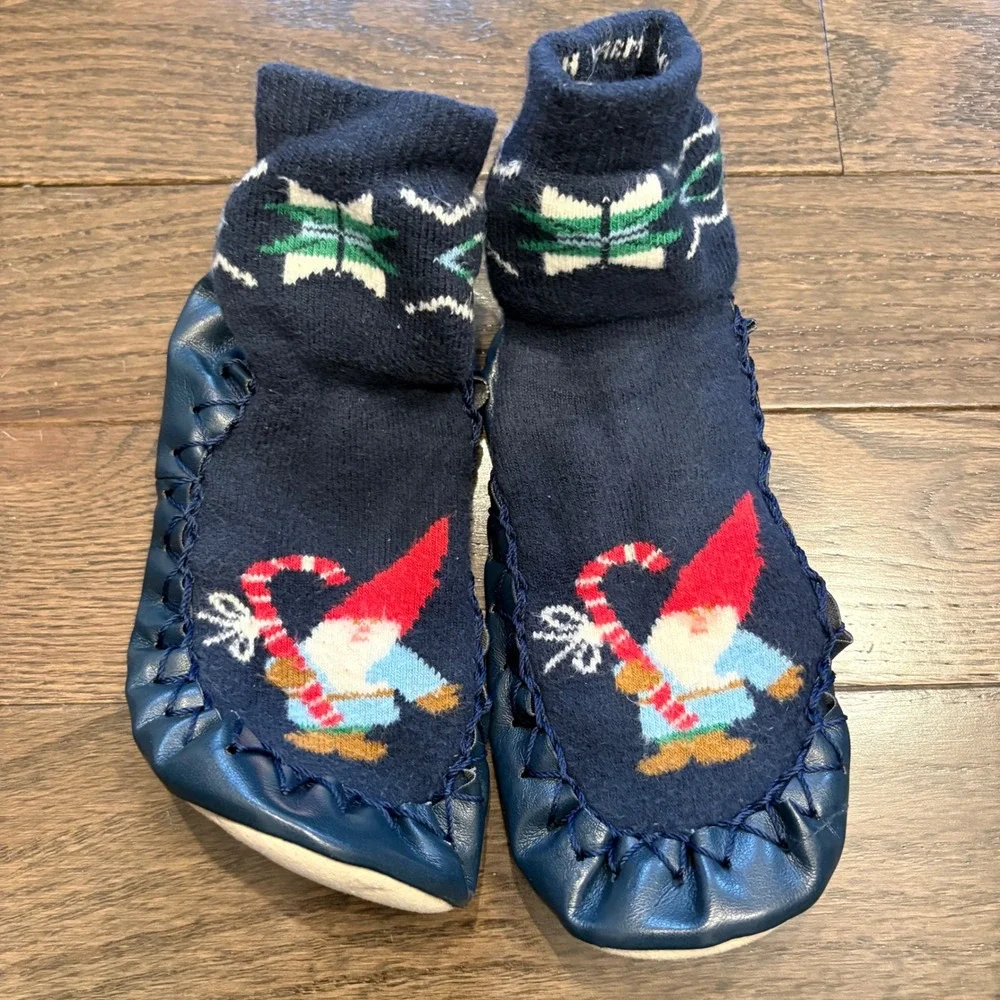 Hanna Andersson Slippers Sz 12-1Y Gnome Candy Cane Slippers Moccasins Navy Cozy‎